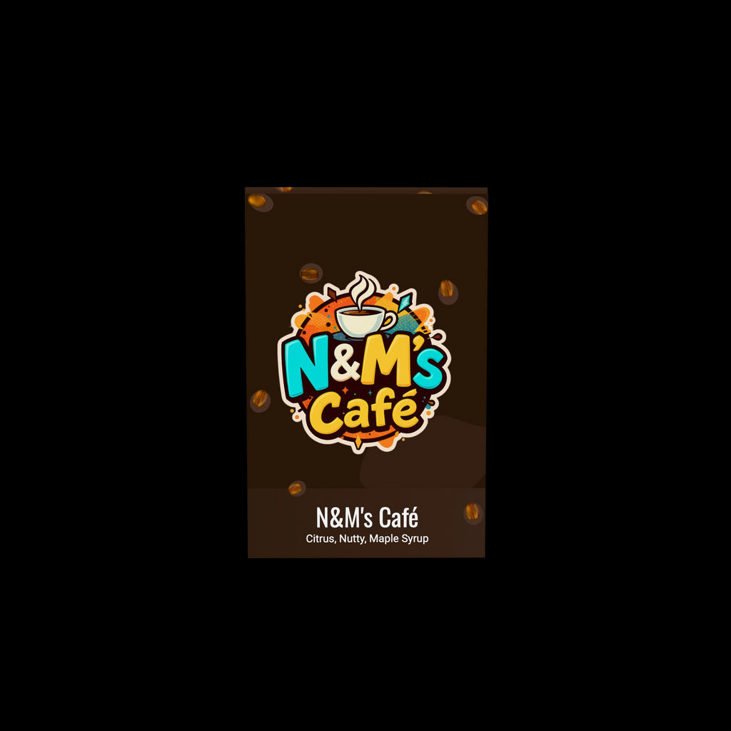 Cherry & Almond Coffee Blend packaging showcasing N&M's Café brand, highlighting unique citrus, nutty, and maple syrup tasting notes.