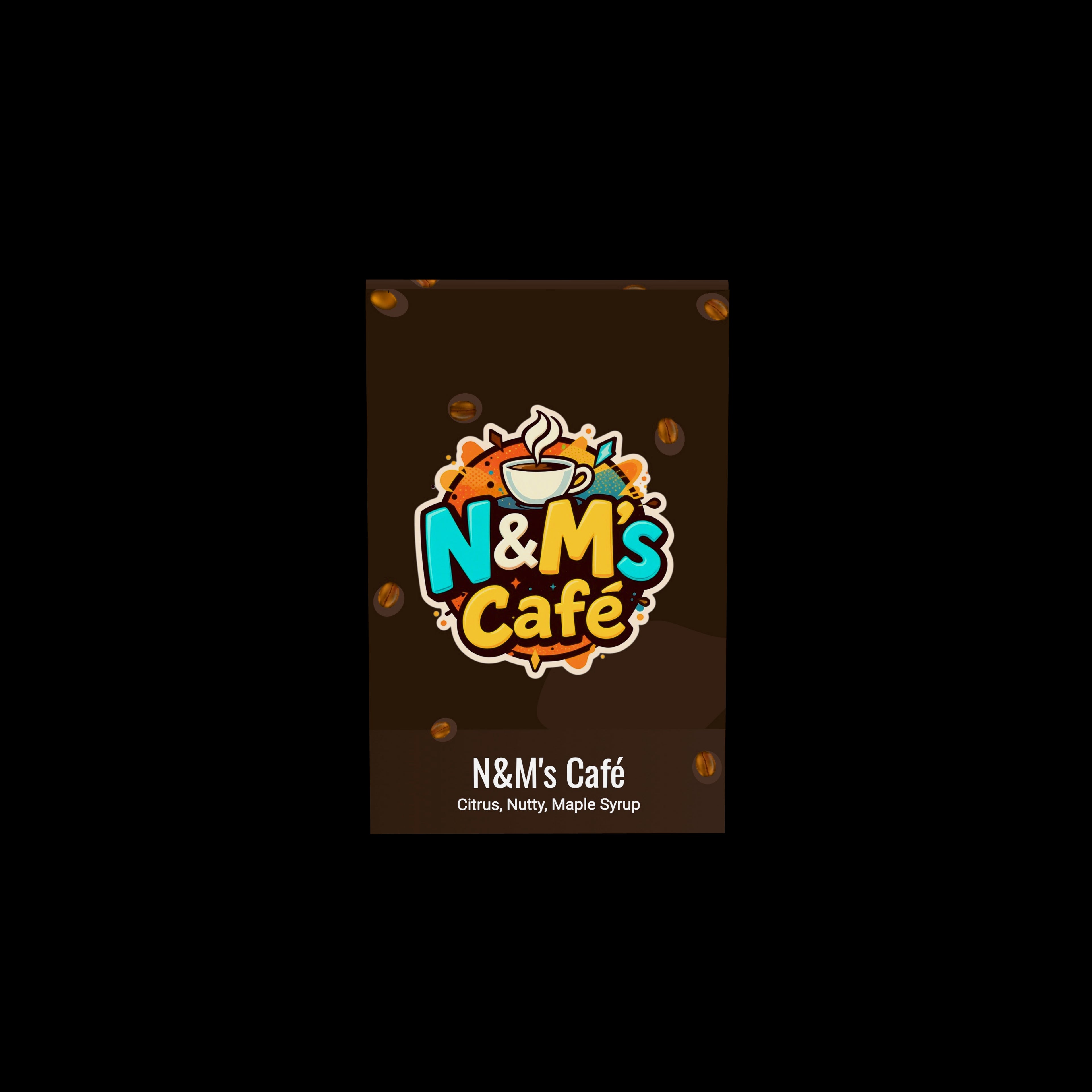 Cherry & Almond Coffee Blend packaging showcasing N&M's Café brand, highlighting unique citrus, nutty, and maple syrup tasting notes.