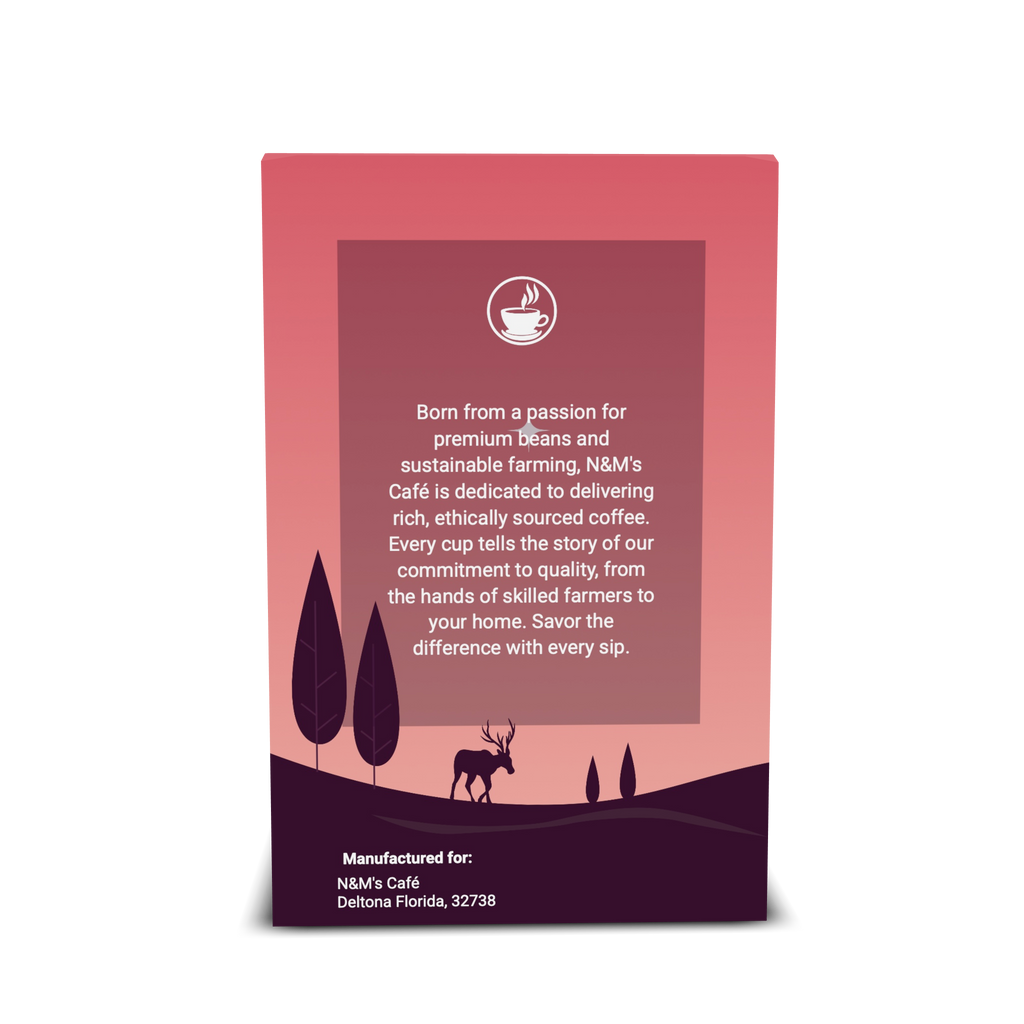 Back view of Soléa Light Roast Coffee packaging by N&M's Café, detailing commitment to premium beans and sustainable farming with a story of quality.