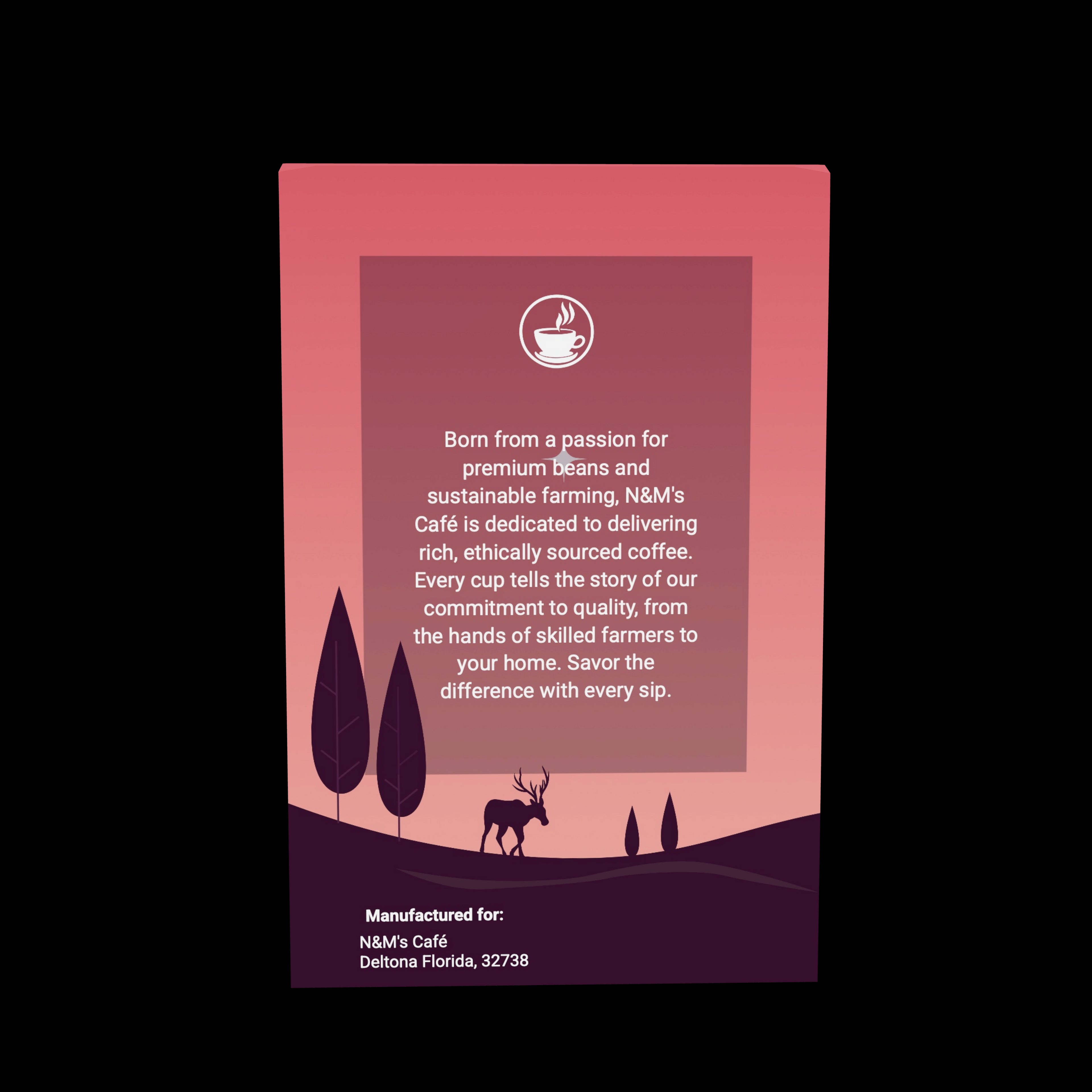 Back view of Soléa Light Roast Coffee packaging by N&M's Café, detailing commitment to premium beans and sustainable farming with a story of quality.