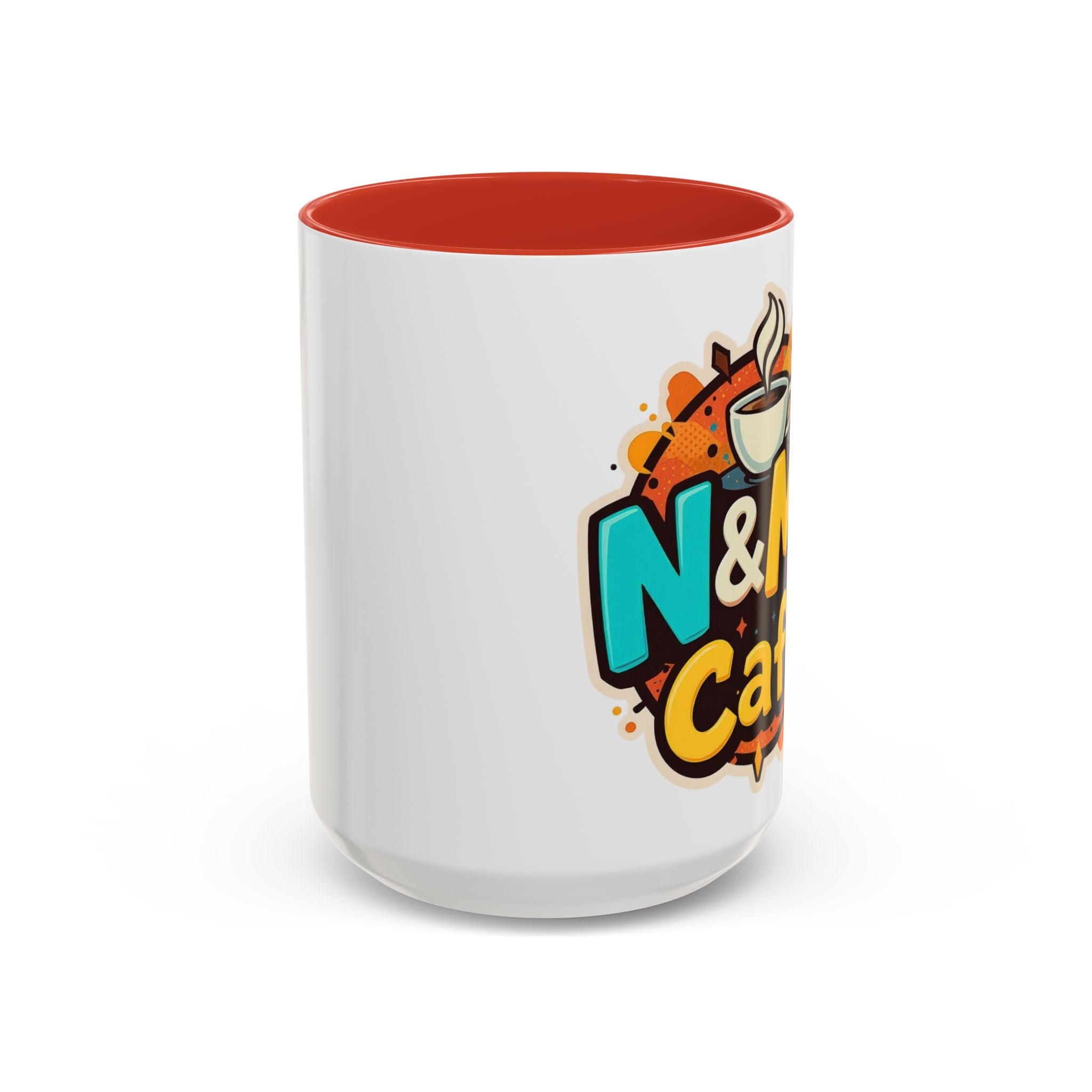 Ceramic Coffee Mug highlighting the colorful N&M's Café design and a red interior, ideal for festive occasions.
