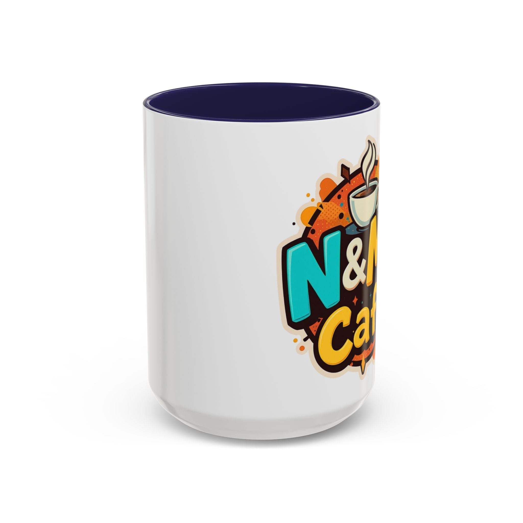 Ceramic Coffee Mug showcasing vibrant N&M's Café design with a navy blue interior, perfect for coffee lovers.