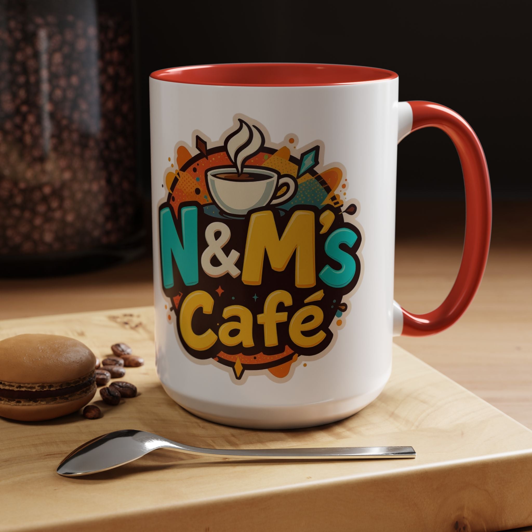 Ceramic Coffee Mug featuring N&M's Café logo and vibrant design, perfect for adding color to your coffee routine.