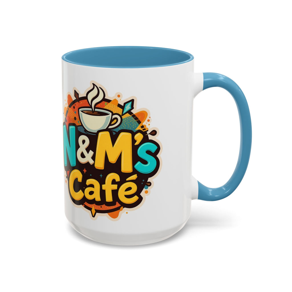 Ceramic Coffee Mug with N&M's Café logo, showcasing a colorful interior, ideal for coffee lovers.