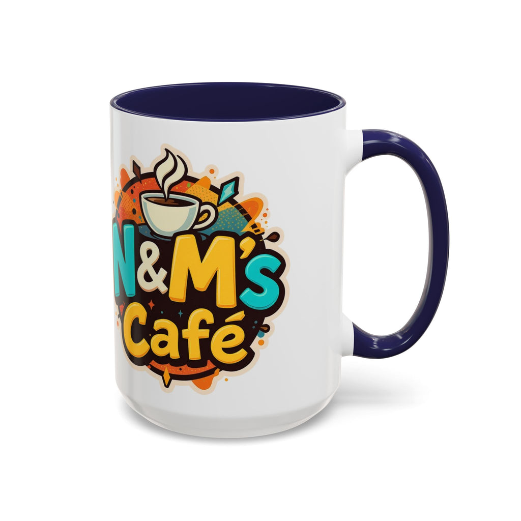 Colorful Ceramic Coffee Mug with N&M's Café logo, featuring a navy blue interior for a stylish touch.