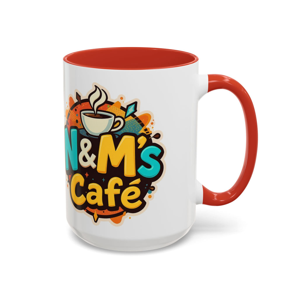 Ceramic Coffee Mug with a striking red interior, displaying the cheerful N&M's Café logo, ideal for coffee lovers.