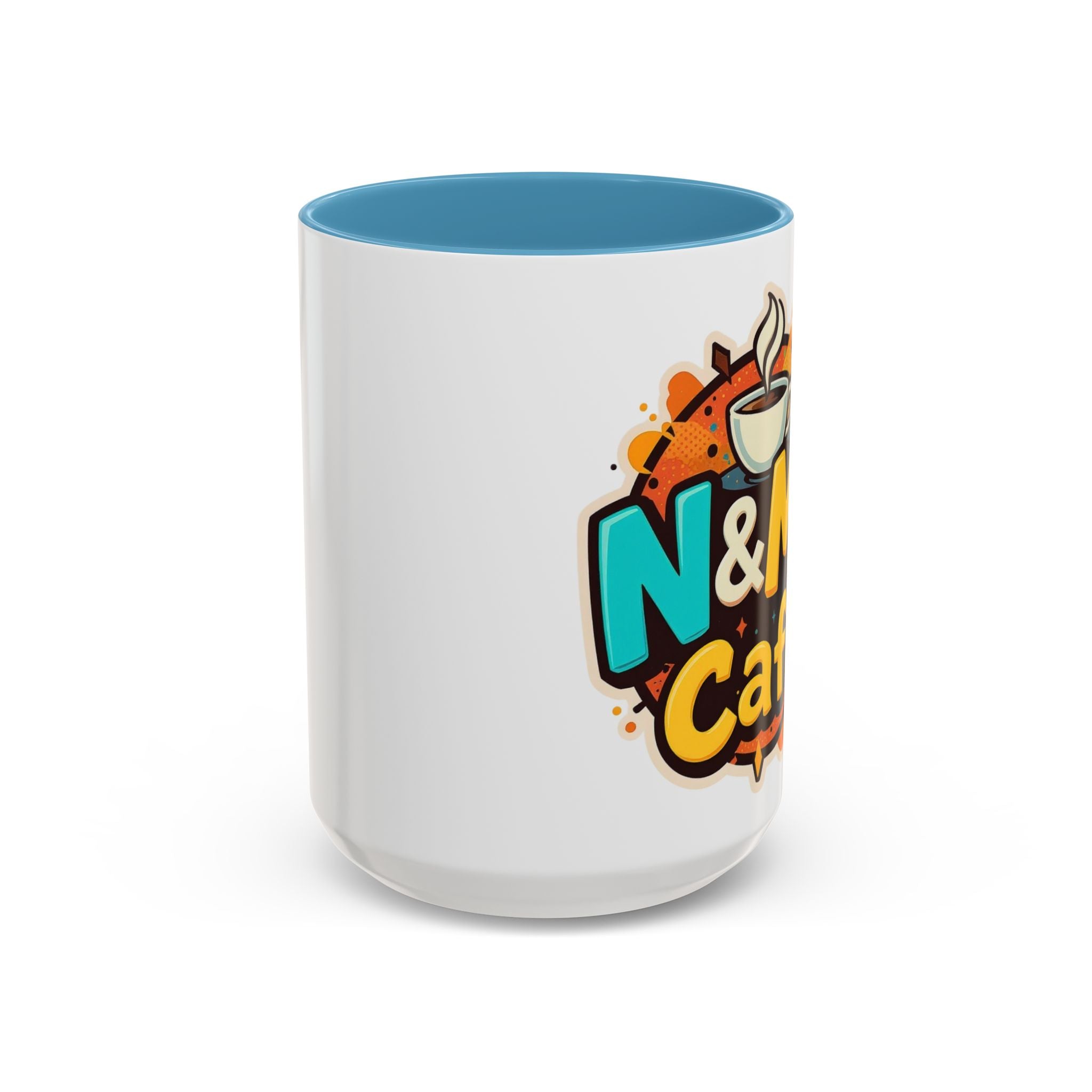 Ceramic Coffee Mug featuring N&M's Café logo with a light blue interior, bringing colorful joy to your coffee routine.