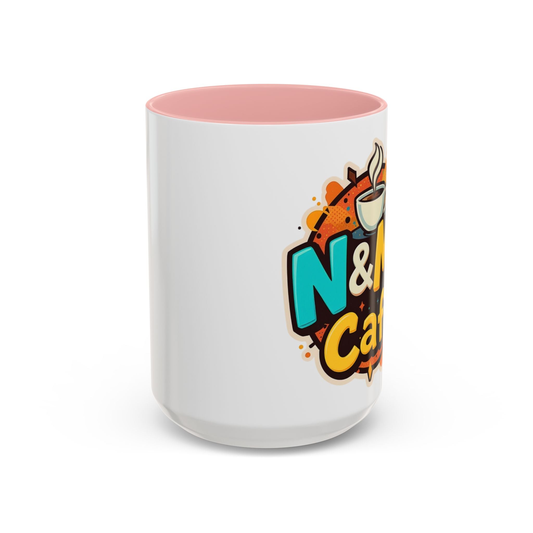 Ceramic Coffee Mug featuring N&M's Café logo with a pink interior, designed for a stylish coffee experience.