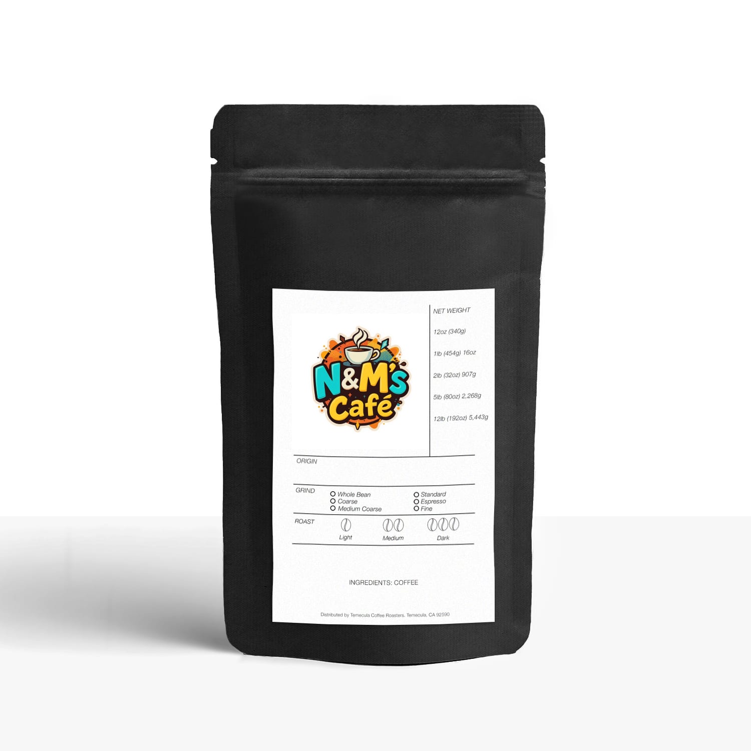 House Blend Coffee packaging by N&M's Café featuring vibrant logo and detailed ingredient information, reflecting quality and sustainability.