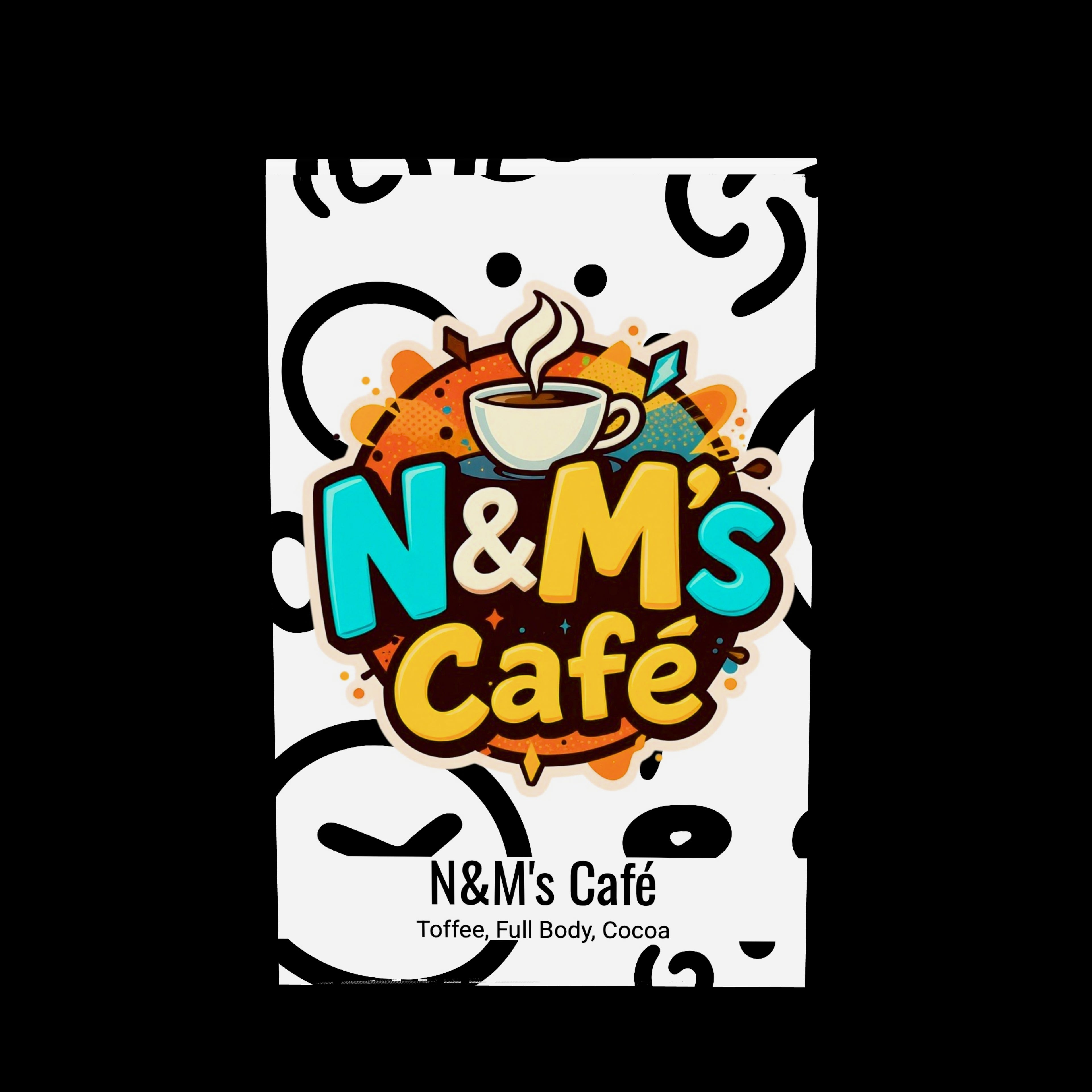 Caramel Eclipse Dark Roast Coffee packaging from N&M's Café featuring playful design with a coffee cup logo and vibrant colors, emphasizing a blend of toffee, full body, and cocoa flavors.