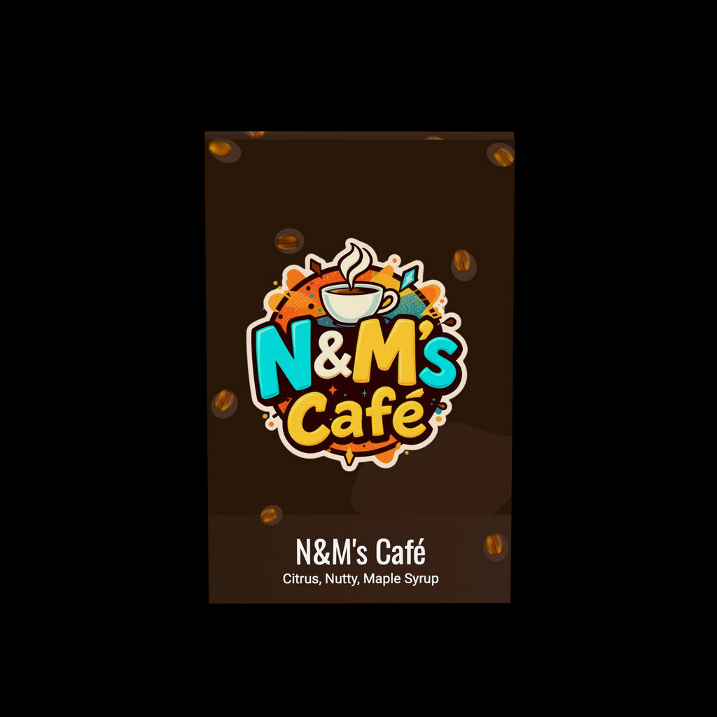 Cherry & Almond Coffee Blend packaging design featuring N&M's Café logo, emphasizing citrus, nutty, and maple syrup flavor notes.