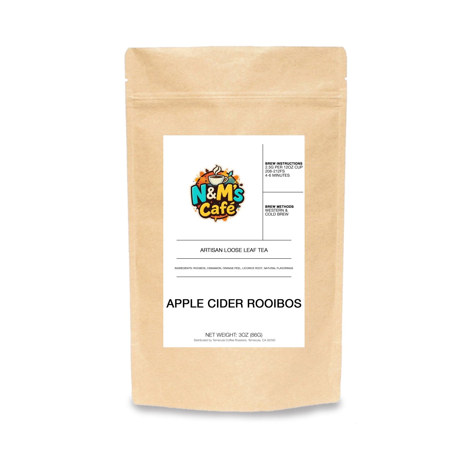 Apple Cider Rooibos Herbal Tea packaging featuring a natural brown kraft bag with the N&M's Café logo, emphasizing its artisan loose leaf tea content and inviting warm flavors.