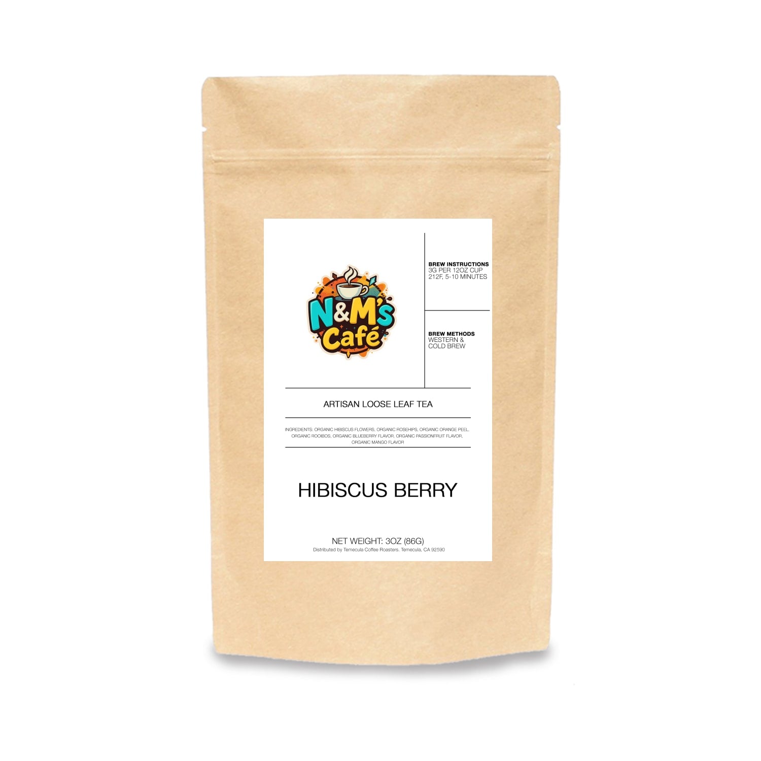Organic Hibiscus Berry Tea package from N&M's Café featuring a brown kraft bag with a label, perfect for herbal tea enthusiasts seeking vibrant berry flavors.